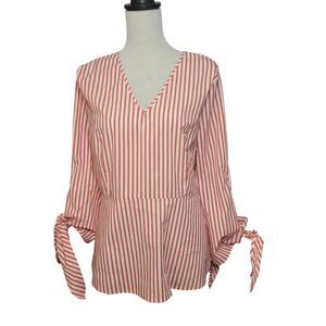 J. Crew Universal Standard Red & White Tie Sleeve Poplin Blouse Size small